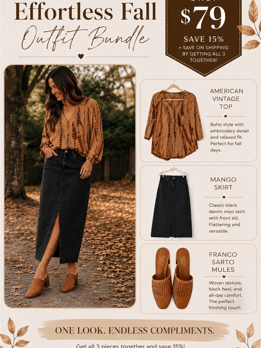 15% OFF Fall Outfit Bundle | Blouse + Maxi Skirt + woven leather Mules 🍂